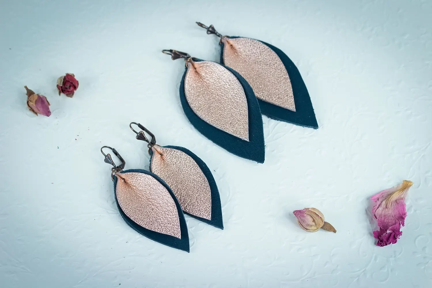 Groovy Fox Upcycled Leather Earrings – Velvet Blue/Rose Gold Leaf thumbnail 2