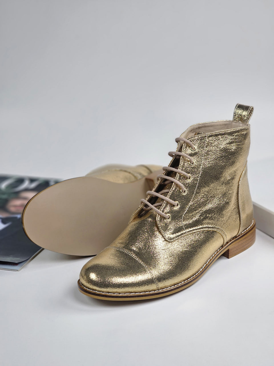 Harlem Shoes Derby Boots Vegan Golden Textile 2 cm heel thumbnail 3