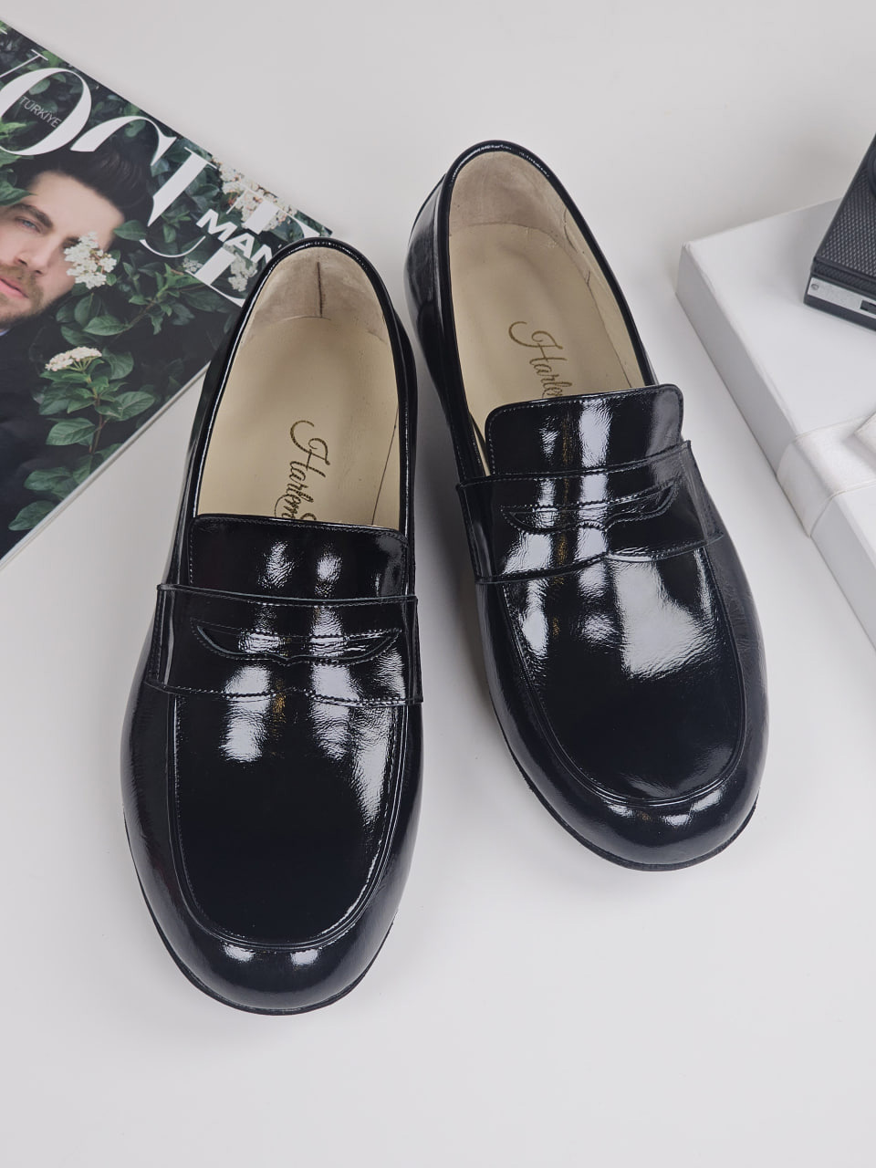 Harlem Shoes Loafers Black Polished Leather 3 cm heel with suede sole thumbnail 3